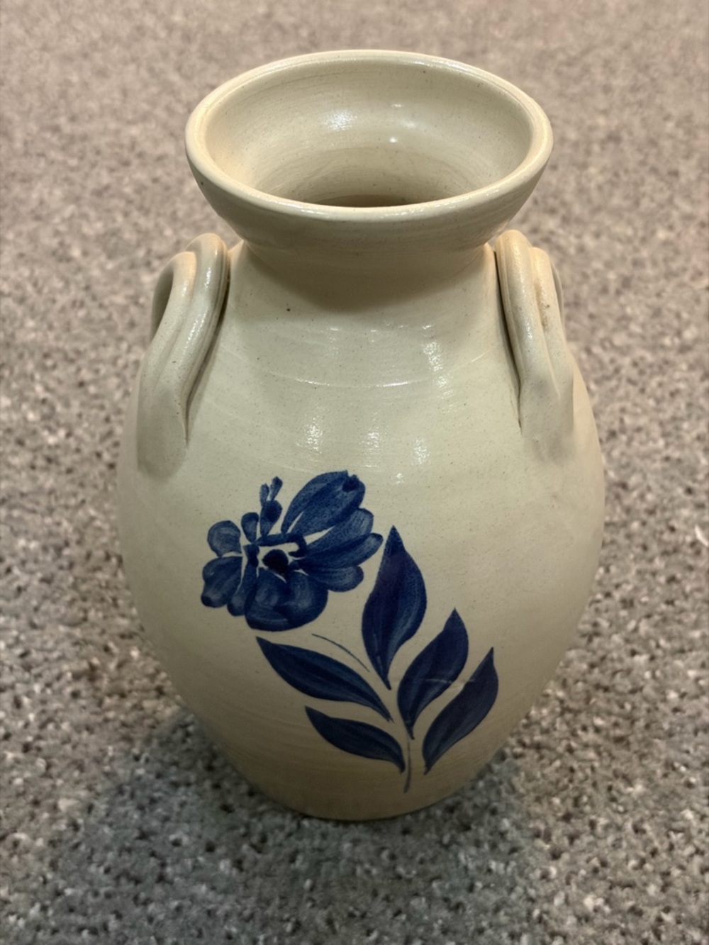 Williamsburg pottery Cream Stoneware Vase with Hand-Painted Blue Floral Design